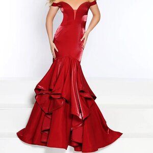2CUTE By J. MICHAELS Prom Pageant Formal 20040 Sz 14 Red Mermaid Tiered NWT
